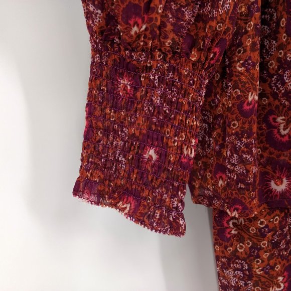 HOUSE OF HARLOW 1960 Mini Dress 2 Berry Metallic Tiered Boho Deep V Neck Lined - Picture 6 of 12